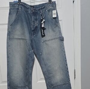 Relaxed Fit Washed Denim Carpenter Jeans - Blue